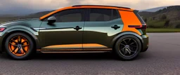 A national geographic award winning photograph of a military fighter jet station wagon wasp hybrid designed by volkswagen only one vehicle per image painted metallic orange traveling at a high rate of speed, jet intake off of front center of vehicle and jet exhaust out the rear with bright blue flame