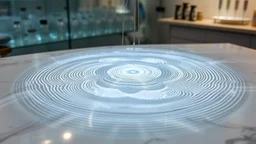 modern labraratory instrument environment, water waves created Cymatics pretty patterns that sound waves make on water in luxury lab in a big pot on the table sync with music ferquency t