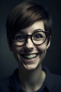 short hair dark laugh woman big Big eyes glasses