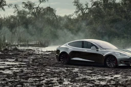 A Tesla 'Model S' is drifting at high speeds, at the Wetlands of Louisiana. (CINEMATIC, WIDE ANGLE LENS, PHOTO REAL)