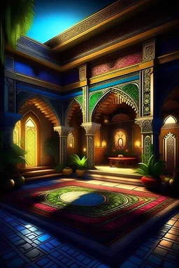 Arabic Islamic house with Arabic ornaments, bar light, creative,Arabic calligraphy, arabesques, highly detailed, hyper realistic, beautiful garden, colourful