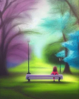 park mystical dream, park bench, man, woman, child, dog, trees, path, bird, sunshine, mystical, fantasy, romanticism, pastel colors, daylight, daytime, acrylic painting, detailed, soft focus,