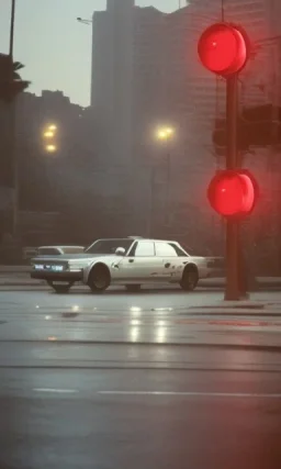 A 1990s car standing in front of a red traffic light, empty street, Cairo, 1990s, night time, rain, winter, movie scene Nick Harris style