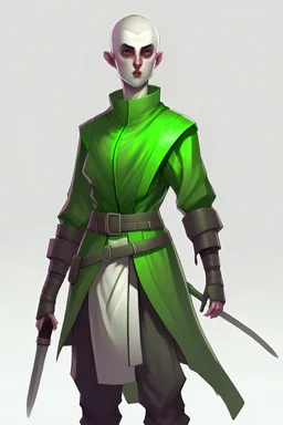 full lengthtall 22-year old, shaved head, grey-eyed female cleric wearing dark green