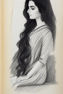 Pencil sketch of Young woman, Arab features,sad, long wavy hair, reading a book, full body، on lined paper