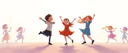 illustration of children playing and dancing. fantastic lighting, children's book proportions, on a light background