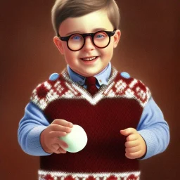 Peter billingsley chubby kid Tortoise-shell glasses, Holding a ((dark red Bar Of soap)) in his hand, brown argyle sweater