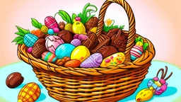 Fantasy cartoon illustration: a basket full of chocolate treats