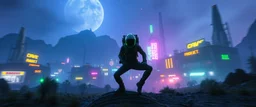 cyberpunk space city, in valley, A space elf cowboy biker astronaut with rocket backpack named Dave started doing the splits, Blew a fuse in his hips and short-circuited his bits, The Martian fluffy gremlins went wild, the Plutonians dogs screamed, Even black-and-white aliens turned ultraviolet green! in the style of fallout 4 and HR Giger, background motion blur , and volume fog spot lights