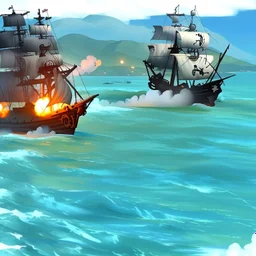 Two pirate ships fight each other at sea. Firing cannons. One ship is hit and burns after being hit.