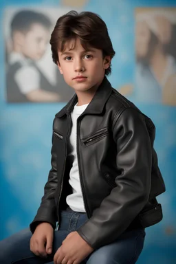 facial portrait - 10-year-old Sylvester Stallone is posing for his school picture dressed like 1950's greaser, wearing a black leather jacket, a white t-shirt and Greased back hair - Sparkling, Sky blue Background, professional quality studio 8x10 UHD Digital photograph by Scott Kendall - multicolored spotlight, Photorealistic, realistic stock photo, Professional quality Photograph. colored Fog