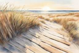 watercolor and pen illustration, loose brush strokes, stylish landscape, close up of weathered broken wooden fence with vertical slats on a sand dune, Maine beach on a sunny sunrise in the spring, sun glare, dramatic shadows, wavy fescue beach grass, style of Ansel Adams, complex contrast, dynamic diagonal composition, muted pastel colors, moody, nostalgic