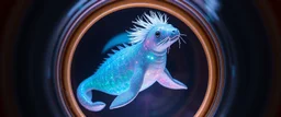 The image depicts a fantastical scaly glitter dragon squid squirrel snow soup, specifically a transparent with neon plasma aura, with a unique and whimsical appearance. The seal dragon is positioned in a circular frame, which suggests it might be inside a container or a vessel. The body is elongated and has a segmented appearance, with a detailed texture that gives it a realistic look. Its head is covered with white, spiky hair, adding to its fantastical charm. From the weird dragon lab.