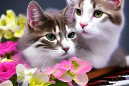 A young beautiful cat, portrait, is sitting on a piano, with some flowers around.