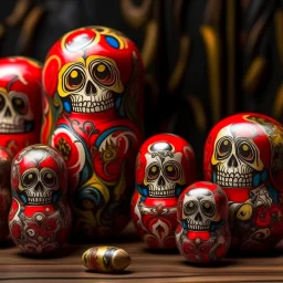 A red rotting boneyard designed in designed in Matryoshka nesting dolls painted by Wassily Kandinsky