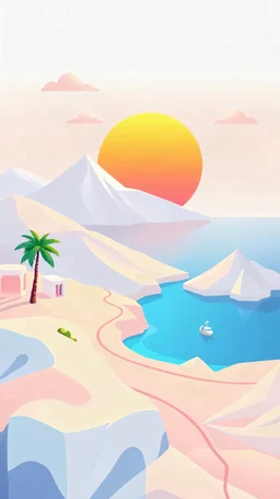 Minimalist art style, stylized minimalist painting of a pastel map, featuring a stylish sunset with a palm tree, vibrant pastel colors, flat glossy perspective, stylized white mountains, stylized bodies of water and stylized sea, simple geometric shapes, stylized clouds, vibrant and detailed color palette, soft ambient lighting, digital art style, detailed terrain features, simplified minimalistic architecture, flat vector-style design, displayed on a clean white background