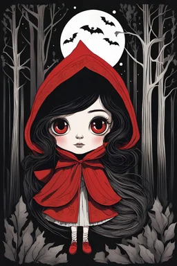 A dark and whimsical illustration of Little Red Riding Hood. She has large, captivating eyes with bright red irises and her face is framed by wavy black hair. She wears a bright red hooded cloak, under which bats are seen flying. The background is a haunting forest with tall, silhouetted trees, and a white moon casting its glow. Beyond the trees, there's a distant castle on a hilltop, with a river reflecting the moonlight flowing towards the viewer. The atmosphere is mysterious