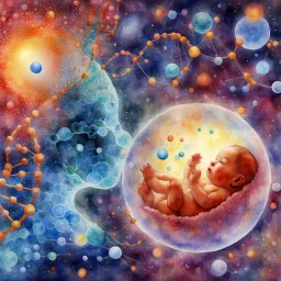 Quantum Serenity: A watercolor depiction of the conception of a baby, illustrating the interplay of microscopic quantum particles and DNA at the molecular level, embodying calmness in action.”