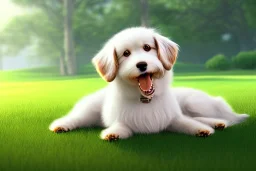 Cute Dog Laying Down On Grass, Sunny, Bright Lighting, Cute, Hyper Detailed, Hyper Realistic,