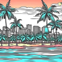 florida city with beach and palms color drawing