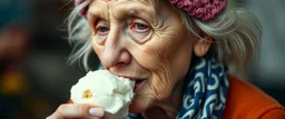 close up portrait of the sweetest soulfull magical old woman with no makeup eating ice cream like a pig