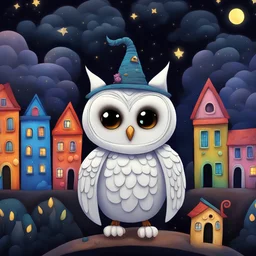 A 3d hd chibi mystical white owl perched, contrasting against a black cat strolling through a whimsically decorated town with vibrant, colorful houses under a starry night sky. Owl sits atop the cat's head, creating a strange and intriguing visual contrast. The scene exudes a magical and enchanting atmosphere, capturing the essence of a mysterious nocturnal adventure.