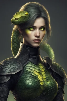 a female humanoid snake, wearing a black leather armor, green scales, yellow eyes