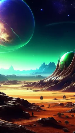 sci fi planet, space station, desert, mountains, northern lights