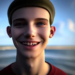 beautiful, smooth, realistic, Russian male, 15 y/o boy, beach, face, jeans, slim, extremely sharp detail, finely tuned detail, ultra high definition, 8k, unreal engine 5, ultra sharp focus, smile teeth, happy