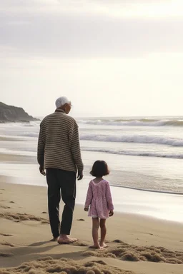 old man walking on beach with little child telling him about the wonders of life style of hiroku ogai walking away from camera