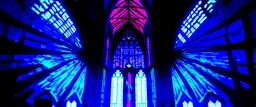 Cyberpunk cathedral, glitchy stained glass flickering with code, corrupted light rays, VHS interference, analogue distortion --ar 9:16 --draft