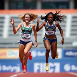 Two female athletes wearing shorts and flying.