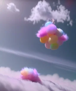 Ultra realistic speed clouds sky scene, wide angle view, sweet childs falling down, inflatable color clothing, free jumping flying, many trinkets, hair monster, many jelly beans, balls, color smoke, smile, happy, circus style, extreme, wind, clouds sea, 20,000 feet altitude, stratosphere, soft color, highly detailed, unreal engine 5, ray tracing, RTX, lumen lighting, ultra detail, volumetric lighting, 3d, finely drawn, high definition, high resolution.