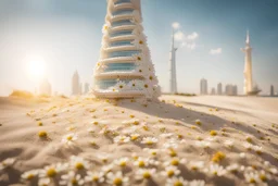 Burj al arab made of daisy flowers in the sand in the sunshine, ethereal, cinematic postprocessing, bokeh, dof