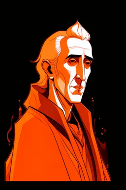 A portrait of Christopher Lee in his thirties as an elf mage, dressed in an expensive orange medieval shirt, in the style of Genndy Tartakovsky, long pointy elven ears, dark background