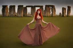 Full body shot of a tall slim red-headed young woman, dressed like a gipsy, standing in front of Stonehenge in a flaming circle