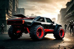 a super futuristic car, for all terrain, pickup fashion, black and red colors, big wheels, stay on street full of zombies