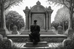 Man sitting a front of solo grave of Cemetery in 8k tattoo drawing style, intricate details, highly detailed, high details, detailed portrait, masterpiece,ultra detailed, ultra quality