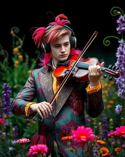 Gorgeous Realistic Photography a handsome young man a stunning adorned in vibrant luxury casual man clothing carnival attire, headphones,playing violin standing in garden park flowers,ethereal beauty, black background, with swirling colors and fantastical tiny flowers, enchantment and grace, twisted vines, whimsical, surreal landscapes, emotive style, dreamlike quality, and magical realism, carnival red, ethereal pink, whimsical blue, vibrant green, celestial purple, golden amber