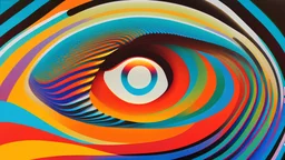 1970s abstract style of a floating eye reflecting an array of colours and waveforms