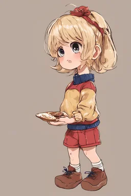 full color anime - a tiny little blonde girl in shorts and a turtleneck sweater playing in the peanut butter and jelly - digital art by Rose Smells