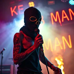 a very thin swedish man, with a skimask with only a hole for the mouth (no eyes), he is called "KEBAB MAN" performing at death metal club, his name is "KEBAB MAN" kebab rolls On stage, kebab Neon lights and smog, and "KEBAB MAN" big sign on the wall, tribal tattooes, spinning kebab machines, flames and smoke, chaos, he singing with mic,