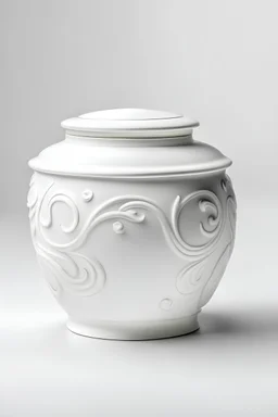 classic round white matt ceramic cream jar, on the plain white background, white stucco medalion ornament on the jar cup