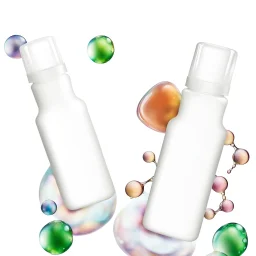 two bottles for cosmetics, behind a beautiful floral spring floral background, top view picture, in the background there are beautiful soap bubbles and molecules, high-quality picture, top view