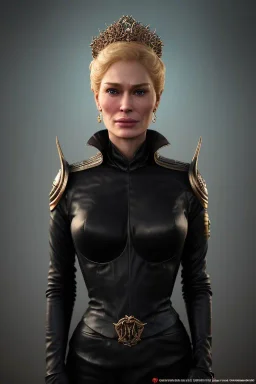 Cersei Lannister as evil queen in black leather, busty, cleavage, curvy, lena headay, angry, stern look. character design by cory loftis, fenghua zhong, ryohei hase, ismail inceoglu and ruan jia. unreal engine 5, artistic lighting, highly detailed, photorealistic, fantasy