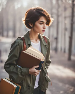 portrait pint of color photo of a student girl 22 years old ,short hair with her books in her hand walking in street,next to trees.close up