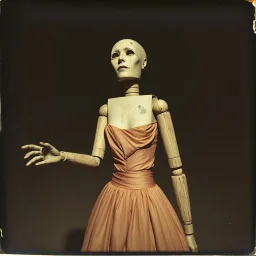 Photorealistic polaroid nothingness and distressing anguish old wooden figure wasteland night Max Ernst, shot on Hasselblad, movie shot, details of the dress accentuated, nightmare, hypermaximalist, obsessive, hypnotic