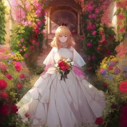 beautiful anime girl wearing a yellow and white dress ,standing in a meadow of flowers, spreading rose pedals on the ground. detail on girls eyes