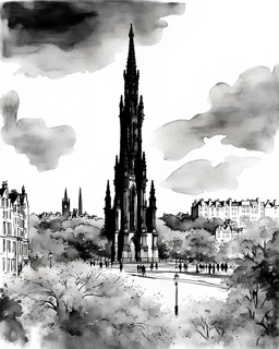 Scott Monument - Edinburgh - central long view - black & white water color illustration
