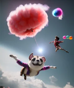 Ultra realistic speed clouds sky scene, wide angle view, strong men falling down with many Childs, circus clothing style, feather color clothing, free jumping flying, many trinkets, hair monster, many jelly beans, balls, color smoke, smile, happy, extreme, wind, clouds sea, 20,000 feet altitude, stratosphere, soft color, highly detailed, unreal engine 5, ray tracing, RTX, lumen lighting, ultra detail, volumetric lighting, 3d, finely drawn, high definition, high resolution.